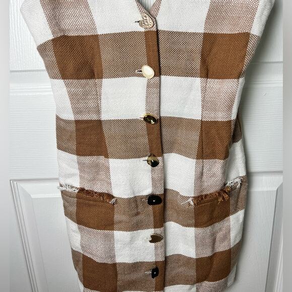 Staud Samuel Button Front Plaid Brown Mini Dress in Tobacco Gingham 0 - Picture 4 of 8